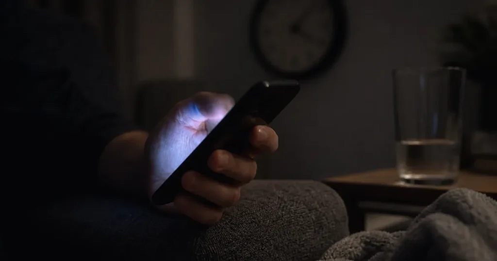 En hand svepar på mobilskärmen i ett mörkt rum, symbol för algoritmstyrda flöden