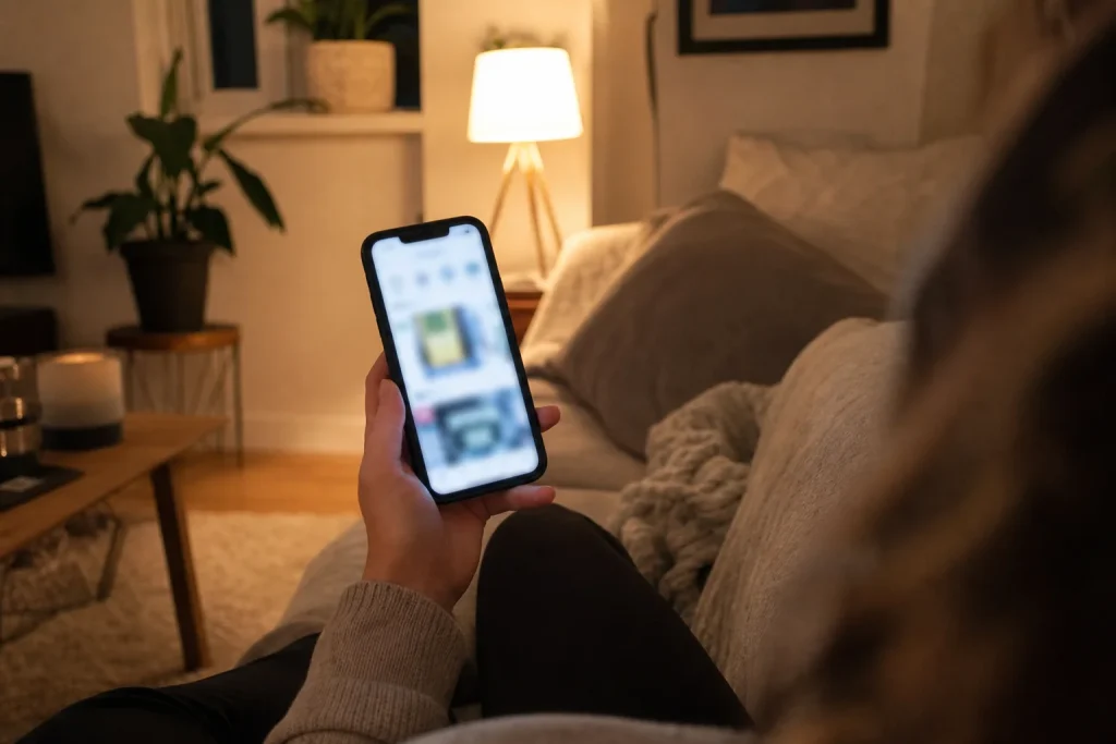 Hand håller upp mobilen i soffan en kväll, skärmen styrs av sociala medier-algoritmer i bakgrunden
