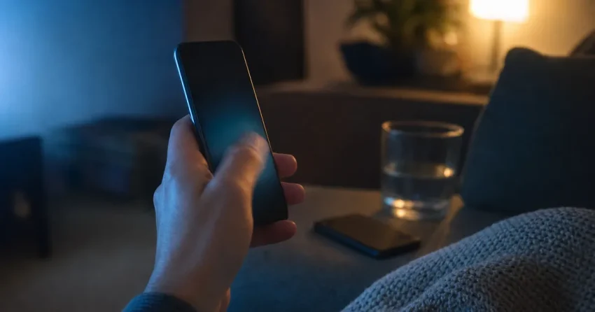 Person svepande i ett vertikalt videoflöde på mobilen i skymningsljus