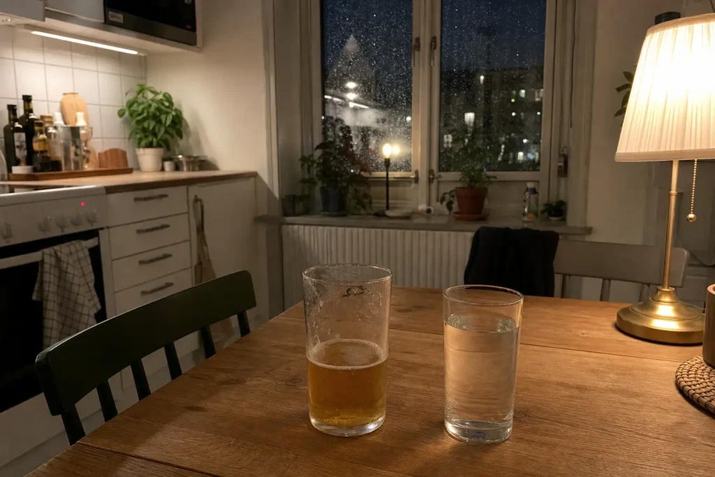 Ölglas och vattenglas på köksbord en regnig kväll, tema alkohol och kokain