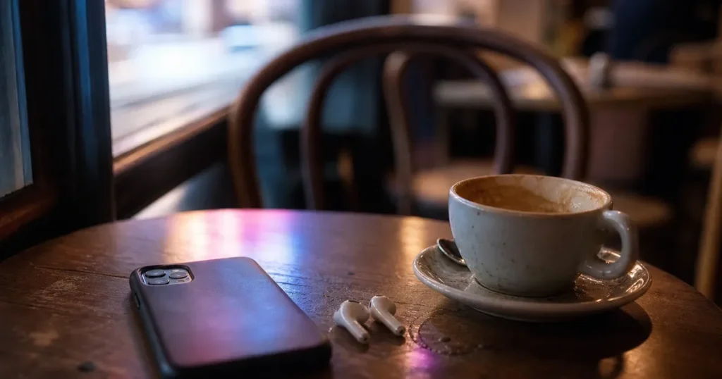 Mobiltelefon på ett bord, symbol för sociala medier och AI-genererade profiler